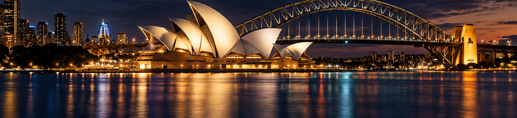The illuminated Sydney Opera House and Harbour Bridge at night